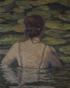 Emily Unsworth White's 'Lily' is an oil painting on stretched linen over board. The piece depicts a figure elbow deep in a pond surrounded by lily pads. The piece measures 39 x 49.5 cm and the colours include greens, greys and purples.