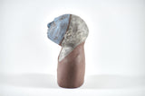 Title: Little Blue Artist: Sally Fitchard Medium: clay sculpture Size: 17.8 cm x 9.7 cm x 6.5 cm (profile view- left side). Colours comprise- light blue, terracotta, light grey