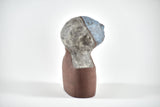 Title: Little Blue Artist: Sally Fitchard Medium: clay sculpture Size: 17.8 cm x 9.7 cm x 6.5 cm (side profile, right side). Colours comprise- light blue, terracotta, light grey