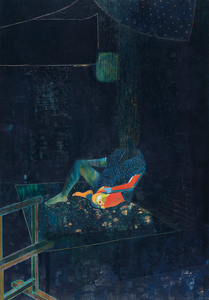 Greg Genestine-Charlton's 'Evaporating' is a mixed-media artwork on paper. It depicts a figure in a dark room disolving into the atmosphere. Colours include dark blues and greens with orange and yellow. 