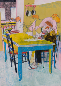 Greg Genestine-Charlton's 'Les Mots Croisés' is a mixed media artwork on paper. The artwork depicts a woman sat at her kitchen table doing a crossword. Colours include blue, yellow and pink
