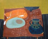 Fiona MacRae's 'Minoo' an oil painting of a table-top assortment, featuring a ginger cat. Colours include orange, black and ochre