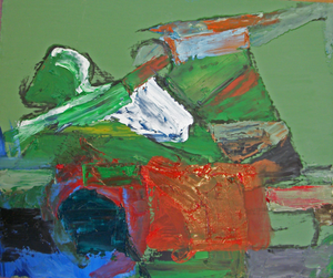 Patricia Paolozzi Cain 'Monument Green' oil painting. Abstract artwork painted in green, blue and red.