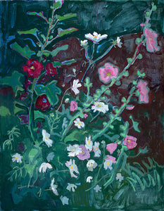 Stacey Gledhill 'Night Garden' is an oil painting on stretched linen depicting a floral garden at night. Colours include dark forest green, dark velvet reds, pink and white.