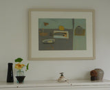 Photo of Fiona MacRae's 'Fried Which Way' in situ. The artwork is framed in a wooden framed, painted stone. It is mounted in white and set behind glass