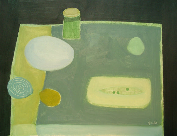 Fiona MacRae 'Pea Pod' an oil painting of an abstracted table-top composition. Colours include green, grey and umber