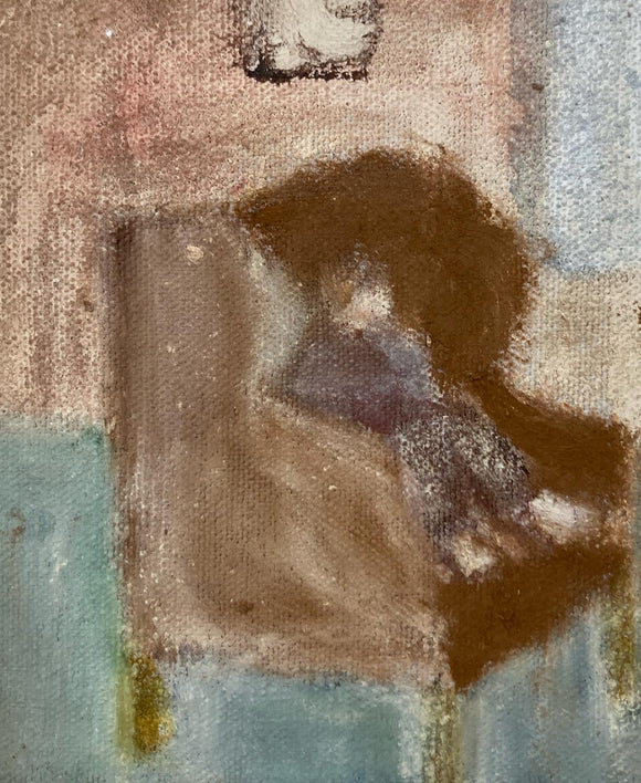 Lauren Bryden 'Peebles II', a painting on raw canvas, depicting a child-like figure sat in an armchair. Colours include umber, siennas and ochres.