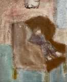 Lauren Bryden 'Peebles II', a painting on raw canvas, depicting a child-like figure sat in an armchair. Colours include umber, siennas and ochres.