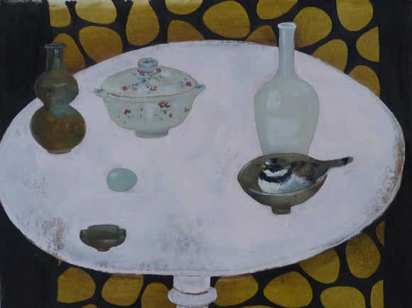 Fiona MacRae 'Pink Table Top' is an oil painting of a round table with an assortment of china and glassware, as well as a coal tit bird. Colours include ochre, pink and umber