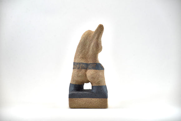 Title: Plinth Man Artist: Sally Fitchard Medium: clay sculpture Size: 14.8 cm x 9.2 cm x 8.4 cm (back view). Colours comprise sand and charcoal