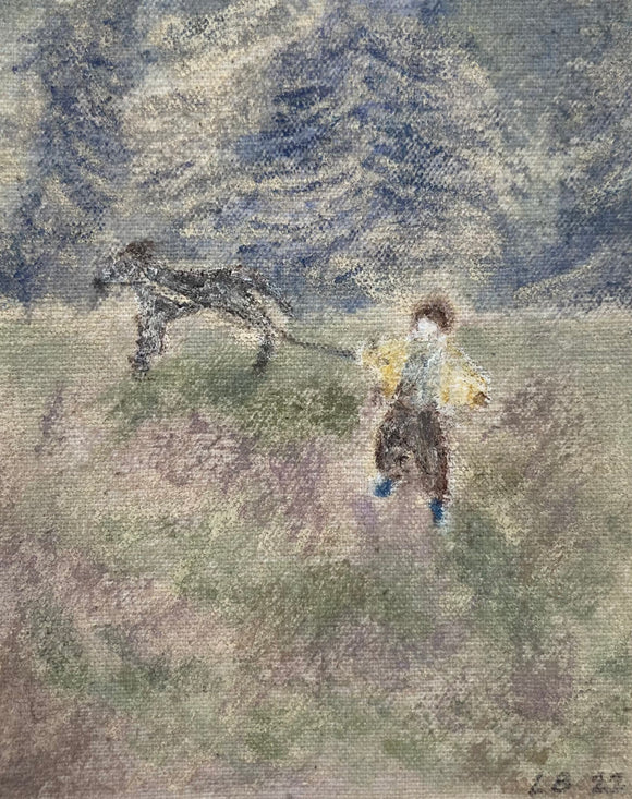 Lauren Bryden's 'Running Down the Hill' a painting on raw canvas, depicting a childlike figure with a dog, running down a hill. Colours include blues, umbers and ochres.