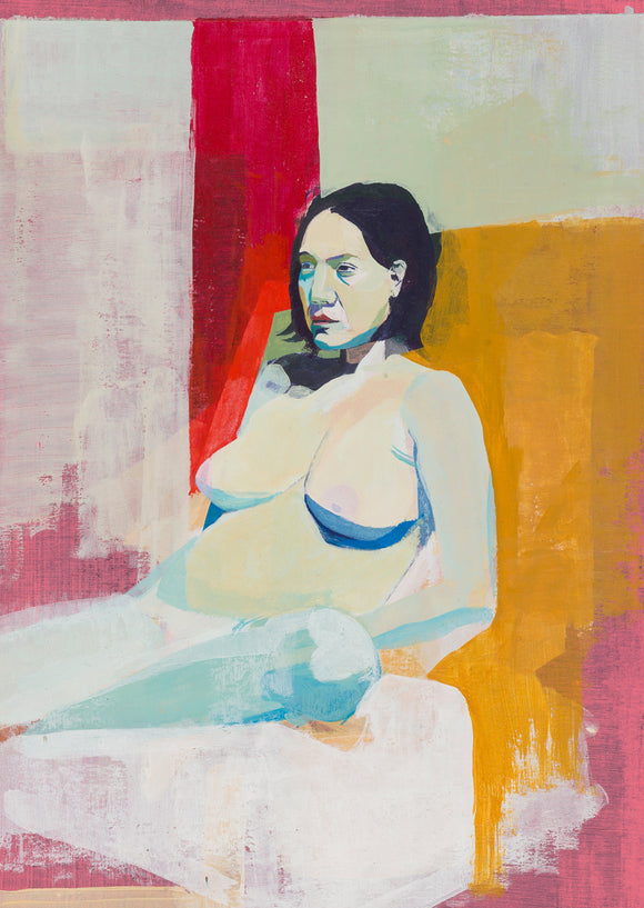 Title: Sant Lluc Pose Artist: Greg Genestine-Charlton Medium: acrylic on card Size: 25cm x 18cm (unframed) Artwork depicts a woman sat upright with bare breasts. Colours comprise red, orange and blue