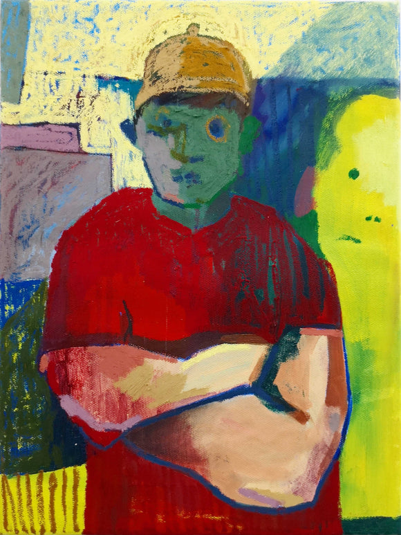 Title: Self Portrait Artist: Gordy Livingstone Medium: oil on canvas (unframed) Size: 40 cm x 30 cm. Painting contains multiple colours, including red, yellow, blue and green.
