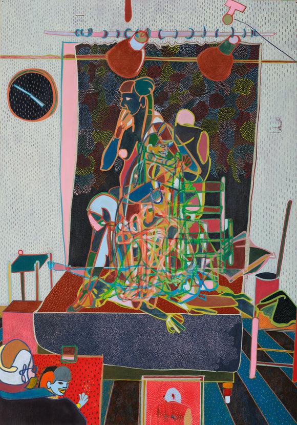 Title: Six Poses Artist: Greg Genestine-Charlton Medium: oil, acrylic and coloured pencil on paper Size: 42cm x 30cm (unframed)
