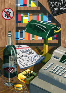 Title: Still Life ft Bernard Black's Desk Artists: Daryl Rainbow Medium: digital drawing on paper 300 gsm (framed) Edition of 10 Size: 42 cm x 30 cm  ‘Still Life Featuring’ is an ongoing series of still life/digital illustrations that reference lyrics from landmark albums and moments from our most-loved TV shows. Guess  which TV show this references! BROTH ART