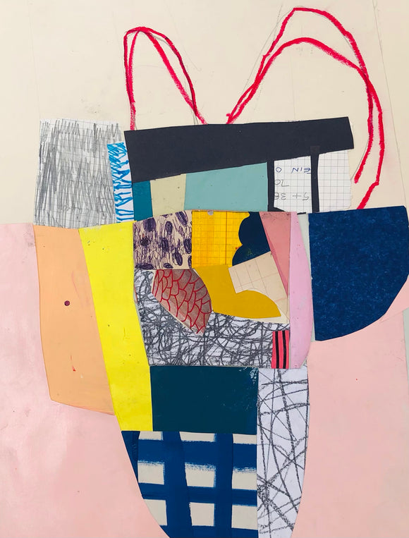 Sara Breinlinger's 'Sugar Coated' a collage on paper measuring 30 cm x 40 cm. Comprising painted paper and graphite paper. Colours include pink, blue and yellow