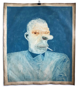 Stewart Swan's 'Sugar Man' is an oil painting on paper. It depicts a man smoking a cigarette. Colours include blue and orange.