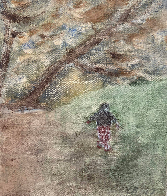 Lauren Bryden 'Under the Oak Tree' a painting on raw canvas, depicting a figure under the trees. Colours include umbers, siennas, greens and blues.