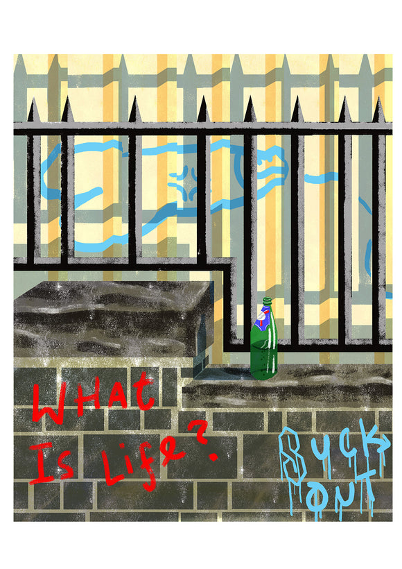 Title: What is Life? Artists: Daryl Rainbow Medium: digital illustrations on paper 300 gsm (framed) Edition of 10 Size: 42 cm x 30 cm  'Existential Grafitti'  is a digitally illustrated series. It depicts urbanised scenes and facades having been blessed with angst ridden, existential graffiti and addresses the 