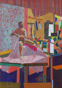 Title: Counting the Minutes Artist: Greg Genestine-Charlton Medium: colour pencil and acrylic on paper Size: 59cm x 42cm (unframed). Artwork depicts male nude with abstracted surroundings. Colours comprise pink, purple and orange. 