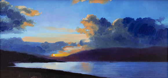 Andrew Sinclair's 'Blues' is an oil painting on board of a West Highland landscape. It depicts a loch and hills at sunset or sunrise. The colours include mainly blue with orange and purple tones.