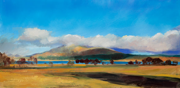 Title: Clouds Over Resipol Artist: Andrew Sinclair Medium: Oil painting on board Size: 20 cm x 40 cm. The painting depicts a loose and gestural study of the mountain Beinn Resipol in the Ardnamurchan with Loch Sunart in the foreground.