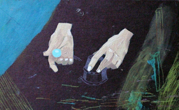 Title: Ball and Cup Trick II Artist: Sarah J. Stanley Medium: oil paint on book cover(unframed) Size: 12 cm x 19.5 cm. Painting depicts a magician's hands performing the ball and cup trick.