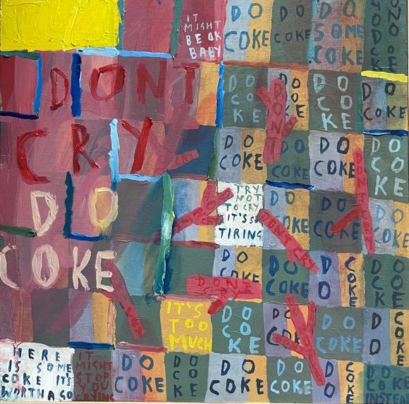 Sarah J. Stanley 'Don't Cry, Do Coke' is a painting on board. It contains a grid made up of colourful blocks with the words 'Don't Cry Do Coke'. Colours include yellow, red, green, yellow, blue and white.