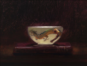 Title: Dragon Cup & Book Artist: Andrew Sinclair Medum: Oil on board Size: 20 x 25 cm 