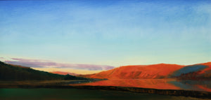 Title: Evening Light Over to Laudale Artist: Andrew Sinclair Medium: Oil on board Size: 30 cm x 60 cm. Painting depicts still waters over to golden red hills at sundown. 