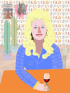 Dan Jamieson's 'Feeling Dolly Good' digital drawing and collage on acrylic. Depicting Dolly Parton drinking a glass of wine. Containing multiple colours including blue, orange, green, yellow and purple.