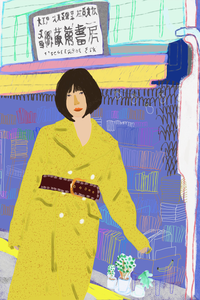 Dan Jamieson's 'Mieko Outside the Book Store' a digital drawing on acrylic, depicting Mieko Kawakami. The artwork contains a range of colours including yellow and purple