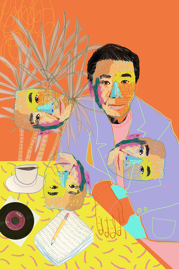 Dan Jamieson's 'Murakami Coffee Calmly' a digital drawing and collage on acrylic. The artwork depicts writer Haruki Murakami and contains multiple colours including orange, yellow and blue