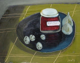 Fiona MacRae 'Quails' Eggs' an oil painting of a table-top assortment featuring a jar of jam, figs and quail eggs. Colours include green, dark blue and red