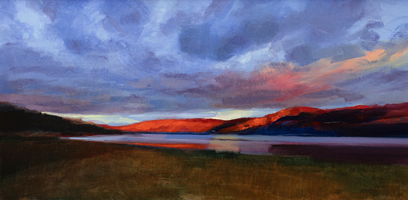 Title: Solas Dearg Artist: Andrew Sinclair Medium: Oil on board Size: 40 cm x 80 cm. Painting depicts Solas Dearg as the sun sets with purple, pink clouds and orange hills.