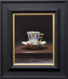 Title: Teacup & Saucer III Artist: Andrew Sinclair Medum: Oil on board Size: 20 x 25 cm (photographed in black frame)