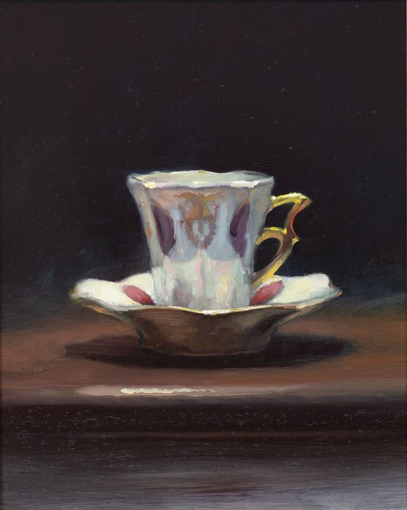 Title: Teacup & Saucer III Artist: Andrew Sinclair Medum: Oil on board Size: 20 x 25 cm 