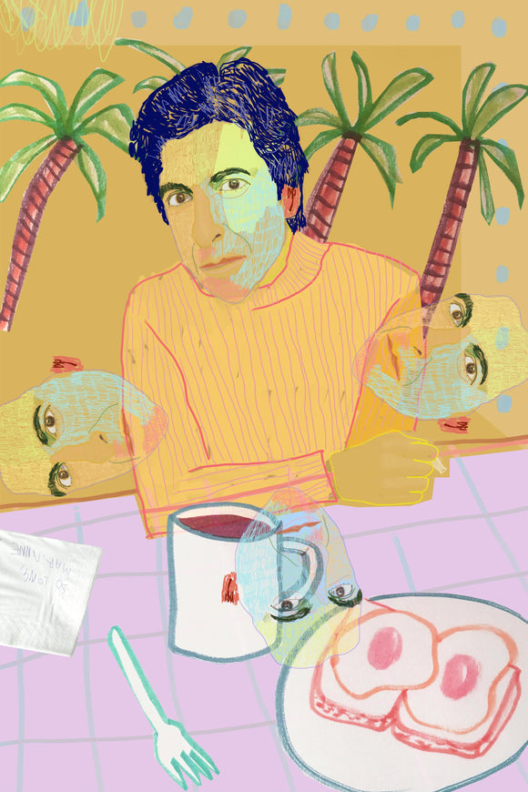 Dan Jamieson's 'Wherever You're Going I'm Cohen Too' (Second Edition) digital drawing and collage on acrylic. Depicting singer, songwriter and musician Leonard Cohen. Containing multiple colours (yellow, orange, blue and lilac)